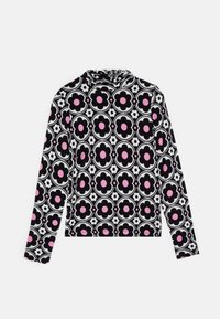 T-shirt à manches longues arborant un motif floral noir, blanc et rose. Fabriqué dans un tissu doux, il a une coupe ajustée et un col montant.