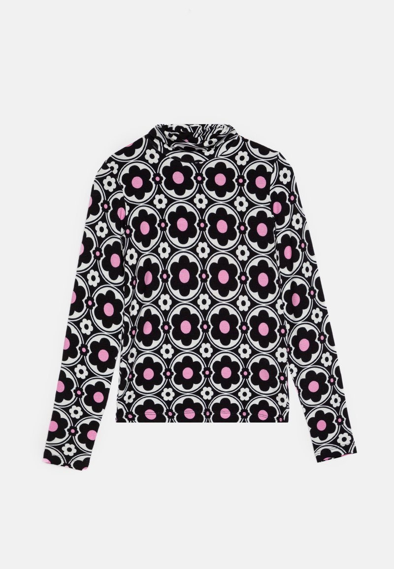 Langermet topp med et svart, hvitt og rosa blomsterdesign. Laget av mykt stoff med en tettsittende fasong og høy hals.