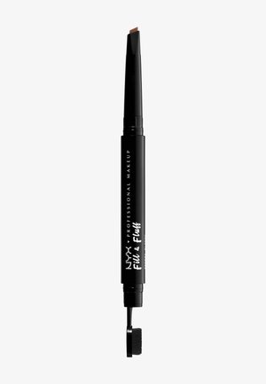 Crayon à sourcils NYX Professional Makeup Fill & Fluff avec embout biseauté et pinceau goupillon aux extrémités opposées dans un boîtier noir.