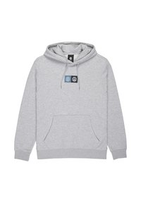 Felpa grigia in cotone con tasca a marsupio, cappuccio con cordino e toppa con logo che presenta elementi blu e neri sul petto.