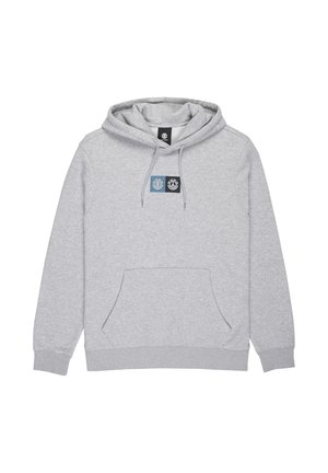 Gray cotton hoodie with a kangaroo pocket, drawstring hood, and logo patch featuring blue and black elements on the chest.