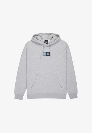 Grijze katoenen hoodie met een kangoeroezak, een capuchon met trekkoord en een logopatch met blauwe en zwarte elementen op de borst.