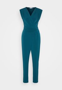 Mameluco sin mangas en color azul verdoso con escote en V, cuerpo de estilo envolvente, cintura ceñida y piernas ajustadas sobre un fondo blanco.