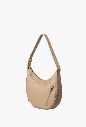 Beige Leder Schultertasche mit einer geschwungenen Form, einem mit Reißverschluss versehenen Hauptfach und einer Seitentasche mit Druckknopfverzierung.