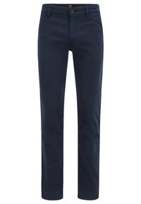 Chino navy in cotone lisci. Design slim fit con chiusura a bottone e quattro tasche. Silhouette pulita e a gamba dritta.