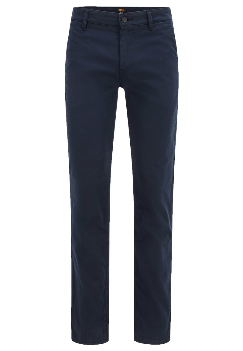Chino navy in cotone lisci. Design slim fit con chiusura a bottone e quattro tasche. Silhouette pulita e a gamba dritta.