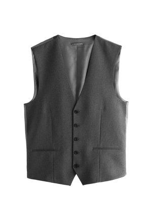 Chaleco formal gris oscuro con cinco botones en la parte delantera y dos bolsillos horizontales con abertura, sin mangas y con cuello en V.