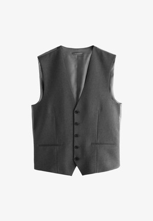 Chaleco formal gris oscuro con cinco botones en la parte delantera y dos bolsillos horizontales con abertura, sin mangas y con cuello en V.