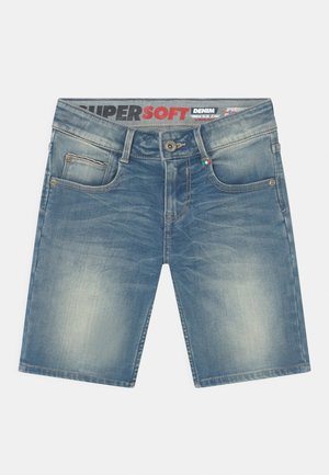 Blå denimshorts med falmede områder, frontknap og lynlås, fem lommer og bæltestropper.