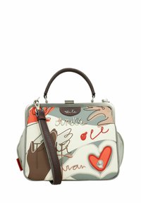 Sac à main coloré en cuir mixte, corps gris avec des motifs artistiques. Dispose d'une poignée arrondie, d'une bandoulière amovible et d'une fermeture métallique.