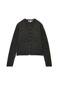 Suéter de cardigan oscuro gris recortado, hecho de suave material de punto; cuenta con un cuello redondo, cierre de botones y mangas largas.