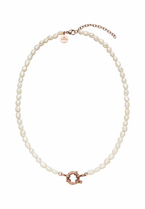 Collier en perles d'eau douce avec des perles de forme irrégulière, de couleur blanc cassé et un fermoir à bascule en or rose. Comprend une étiquette de marque pour Purelei.