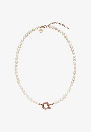 Freshwater pearl necklace with irregularly shaped, off-white pearls and a rose gold toggle clasp. Features a brand tag for Purelei.