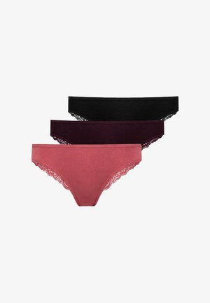 Three lace-trimmed women's bikini underwear in black, dark purple, and dusty pink, stacked horizontally on a white background.