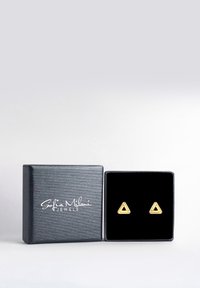 Ohrringe mit goldenen dreieckigen Stecker in einer schwarzen, mit Samt ausgekleideten Präsentationsbox mit einer strukturierten, dunkelgrauen Außenseite und einem weißen Logo.