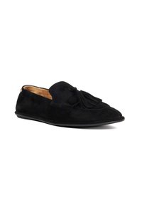Black suede loafers with tassel detail, rounded toe, and flat sole. The interior is smooth, and the design features stitching accents.