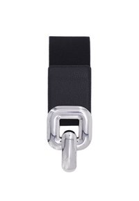 Cinturino in tessuto nero con una sezione in pelle texture, dotato di una grande fibbia quadrata in metallo e un gancio cilindrico, con finitura in argento lucido.