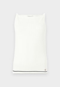 Λευκό πλεκτό αμάνικο τοπ με διακριτικό σχέδιο καλώδιου, τετράγωνη λαιμόκοψη, μαύρο περίγραμμα στο τελείωμα και μικρό λογότυπο Calvin Klein κοντά στην κάτω άκρη.