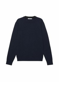 Marineblauw trui van een zacht gebreid materiaal met een ronde hals, lange mouwen en een eenvoudig ontwerp. Geen patronen of hardware zichtbaar.