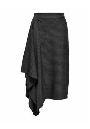Dark gray pinstriped asymmetrical skirt with layered draped fabric on one side and a fitted waistband.