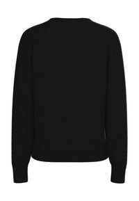 Suéter negro de punto con escote redondeado, puños acanalados y dobladillo acanalado. La textura parece suave y peluda. Vista trasera presentada.