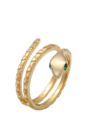 Anello a spirale d'oro a forma di serpente con occhi di pietra preziosa verde e dettagli testurizzati a squame lungo la fascia.