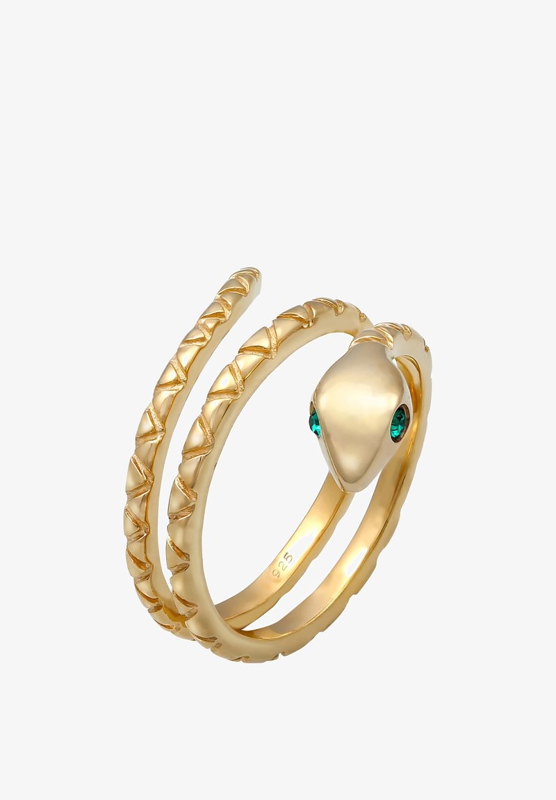 Bague en spirale en or en forme de serpent avec des yeux en pierre précieuse verte et des détails texturés d'écailles le long de l'anneau.