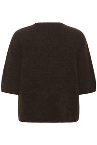 Pull en laine marron foncé à manches courtes et à coupe large et carrée. Présente une texture douce et un design minimaliste, sans fermetures visibles.