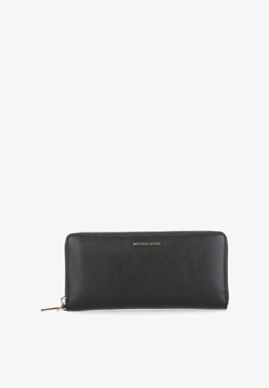 Black leather wallet with a textured finish, gold hardware, zip closure, and embossed logo on the front. Rectangular shape.