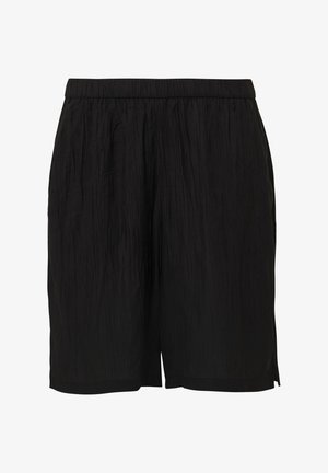 Czarne szorty z teksturowanej tkaniny. Luźny krój z elastycznym pasem, charakteryzujące się pomarszczonym wyglądem i długością do kolan.