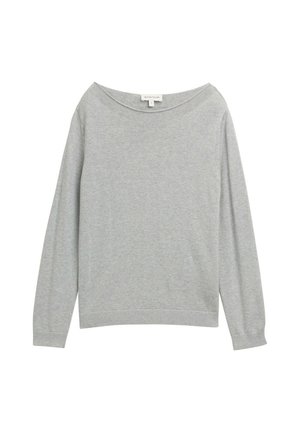 Hellgrauer, langärmeliger Pullover mit weitem Ausschnitt, gerippten Bündchen und Abschluss, aus weichem Baumwollmischgewebe. Schlichtes, unverziertes Design.