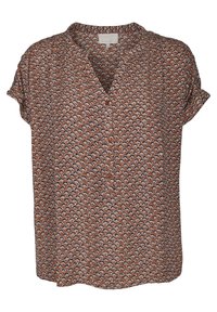 Blusa a maniche corte con bottoni di colore marrone, decorata con un motivo a onde in beige e blu navy. Tessuto morbido con una vestibilità comoda e dettagli sul colletto.