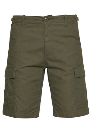 Olive green cargo shorts made of lightweight fabric, featuring two side pockets with flaps, belt loops, and a button closure.