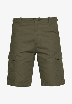 Olive green cargo shorts made of lightweight fabric, featuring two side pockets with flaps, belt loops, and a button closure.