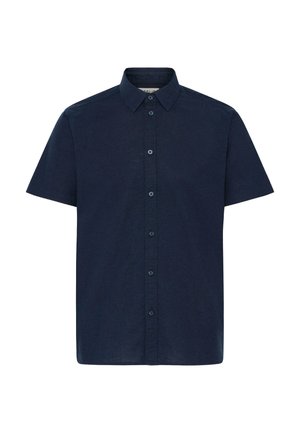 Košeľa s krátkym rukávom v tmavom námorníckom odtieni. Zapínanie na gombíky s klasickým golierom, vyrobená z ľahkého materiálu s jemnou textúrou.