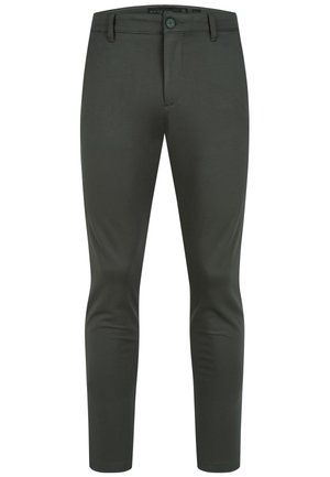 Pantaloni slim fit verde scuro realizzati in tessuto elastico, con chiusura a bottone, tasche frontali e un design semplice senza fantasie.