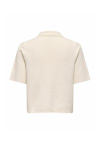 Haut crème à manches courtes avec un ourlet droit et un petit col plat, vu de dos sur un fond blanc.