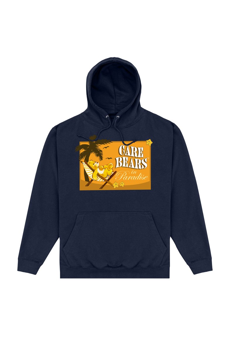 Hoodie bleu marine affichant un design graphique avec une impression jaune "Les Care Bears au Paradis", des palmiers et un ours se relaxant sur un hamac.
