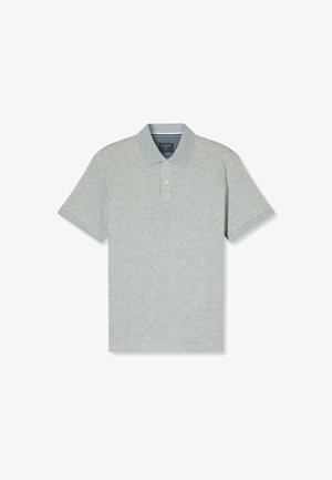 Polo shirt gris en coton, avec une patte de boutonnage, un col et des manches courtes. Texture lisse avec un léger motif chiné.