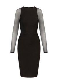 Czarna dopasowana sukienka z przezroczystymi długimi rękawami, okrągłym dekoltem i zamkiem z tyłu. Gładki materiał o fasonie bodycon, minimalne zdobienia.