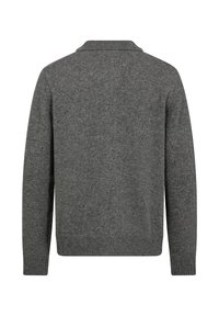 Grå strikket sweater med krave, lange ærmer og ribbede manchetter og bund. Blød tekstur med en glat overflade.