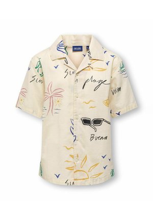 Kortærmet beige skjorte med knapper og farverige sommer-tema skitser, inklusive palmer, sol, fugle, solbriller og håndskrevne ord.