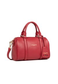 Red leather Lancaster Paris handbag with double handles, detachable shoulder strap, and gold-tone hardware on white background.