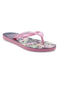 Lyserød flip-flop sandal med blomstertrykt fodseng, lyserød sål og lyserøde stropper, der har et lille sølv "ROXY" logo på stropperne.