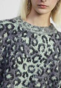 Maglione lavorato a maglia con motivo leopardato in tonalità di menta e grigio, con scollatura a costine e una finitura morbida e testurizzata.