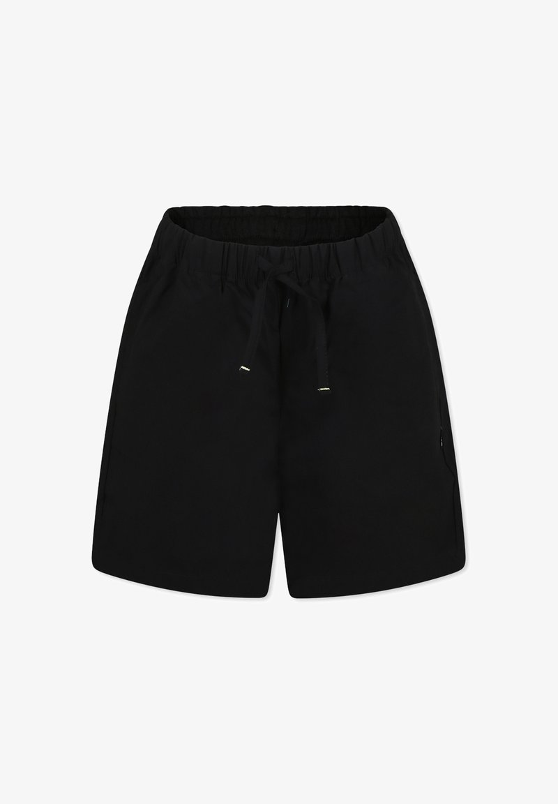 Shorts neri con vita elastica e cordoncino regolabile, dotati di tasche laterali e tessuto liscio.