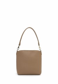 Beige textured leather handbag with a single strap and silver metal clasps on a white background.