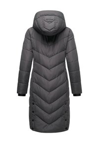 Gray long puffer coat with a chevron quilted pattern, a large hood, elastic cuffs, and button closures along the sides.