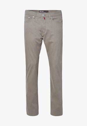 Herren beige Hose mit geradem Bein, Vordertaschen, Knopfverschluss und sichtbaren Nähten, mit dem Label Pierre Cardin innen am Bund.