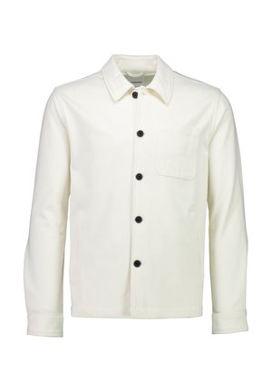 Helle Jacke aus glattem Stoff mit Kragen, vorderem Knopfverschluss mit sechs schwarzen Knöpfen und einer Brusttasche.